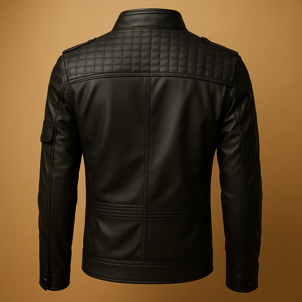 Men’s quilted leather jacket with stand-up collar and zip pockets, offering a timeless and luxurious look for any occasion.