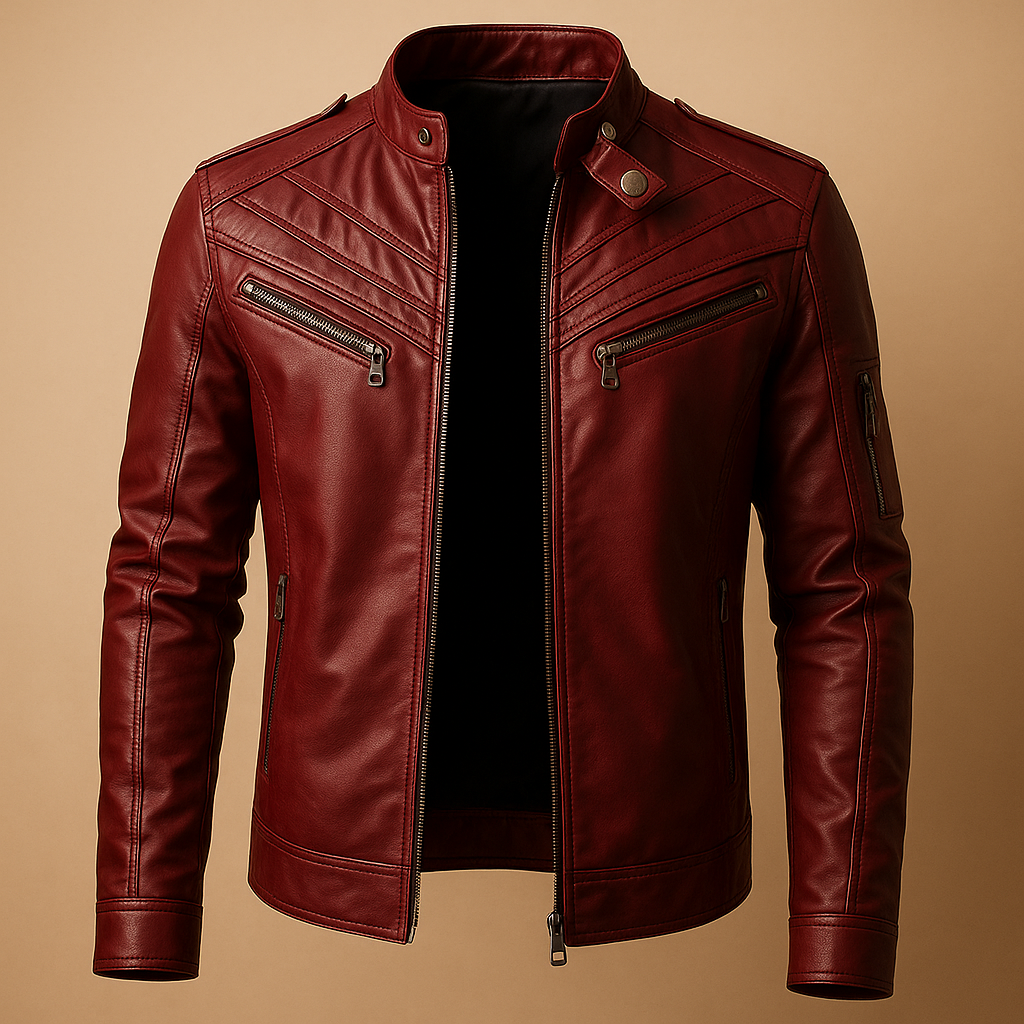 Men’s quilted leather jacket with stand-up collar and zip pockets, offering a timeless and luxurious look for any occasion.