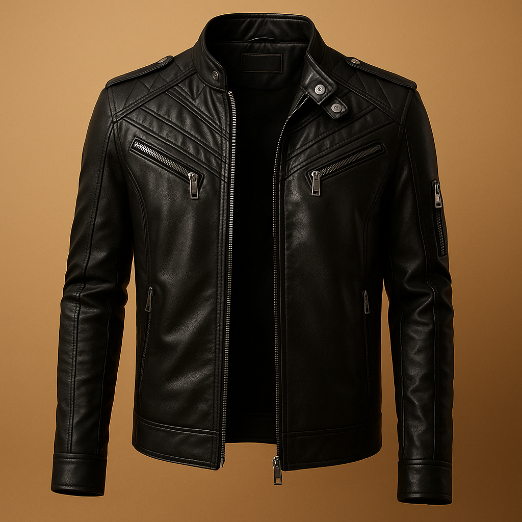 Men’s quilted leather jacket with stand-up collar and zip pockets, offering a timeless and luxurious look for any occasion.