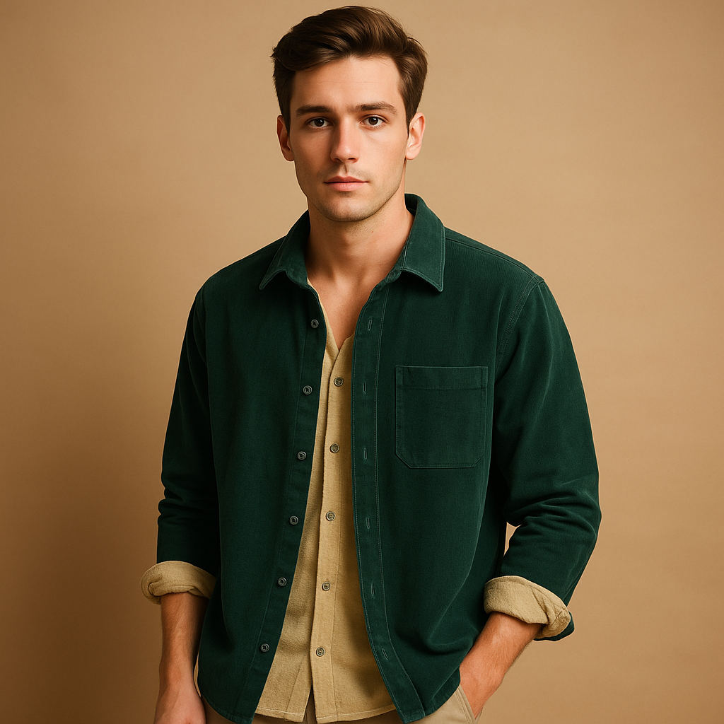 Men’s corduroy shirt with retro design in green, grey, light blue, or dark blue, perfect for casual and timeless outfits.