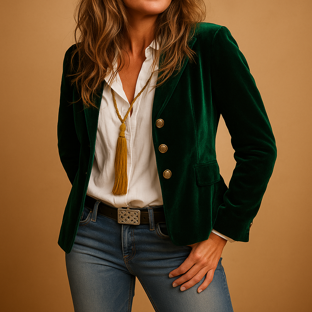 Women’s retro slim-fit blazer with tailored silhouette, lapel collar and functional pockets, ideal for office wear and stylish casual outfits.