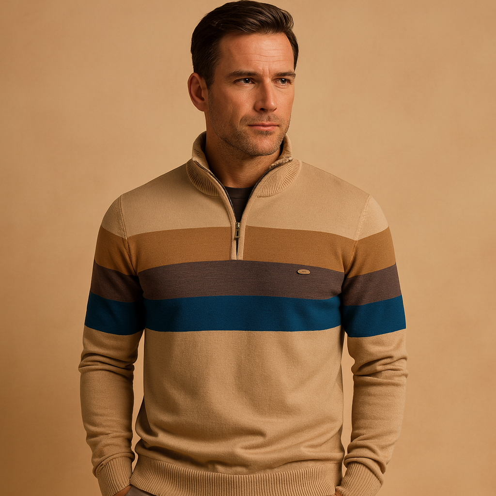 Men’s retro striped pullover with a zip collar, soft fabric, and a comfortable fit, ideal for casual autumn and winter looks.