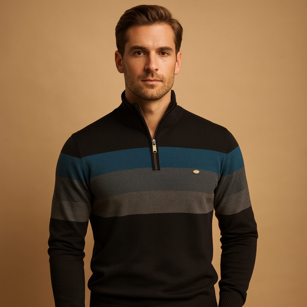 Men’s retro striped pullover with a zip collar, soft fabric, and a comfortable fit, ideal for casual autumn and winter looks.