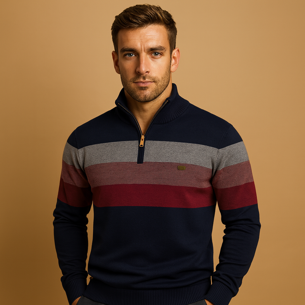 Men’s retro striped pullover with a zip collar, soft fabric, and a comfortable fit, ideal for casual autumn and winter looks.