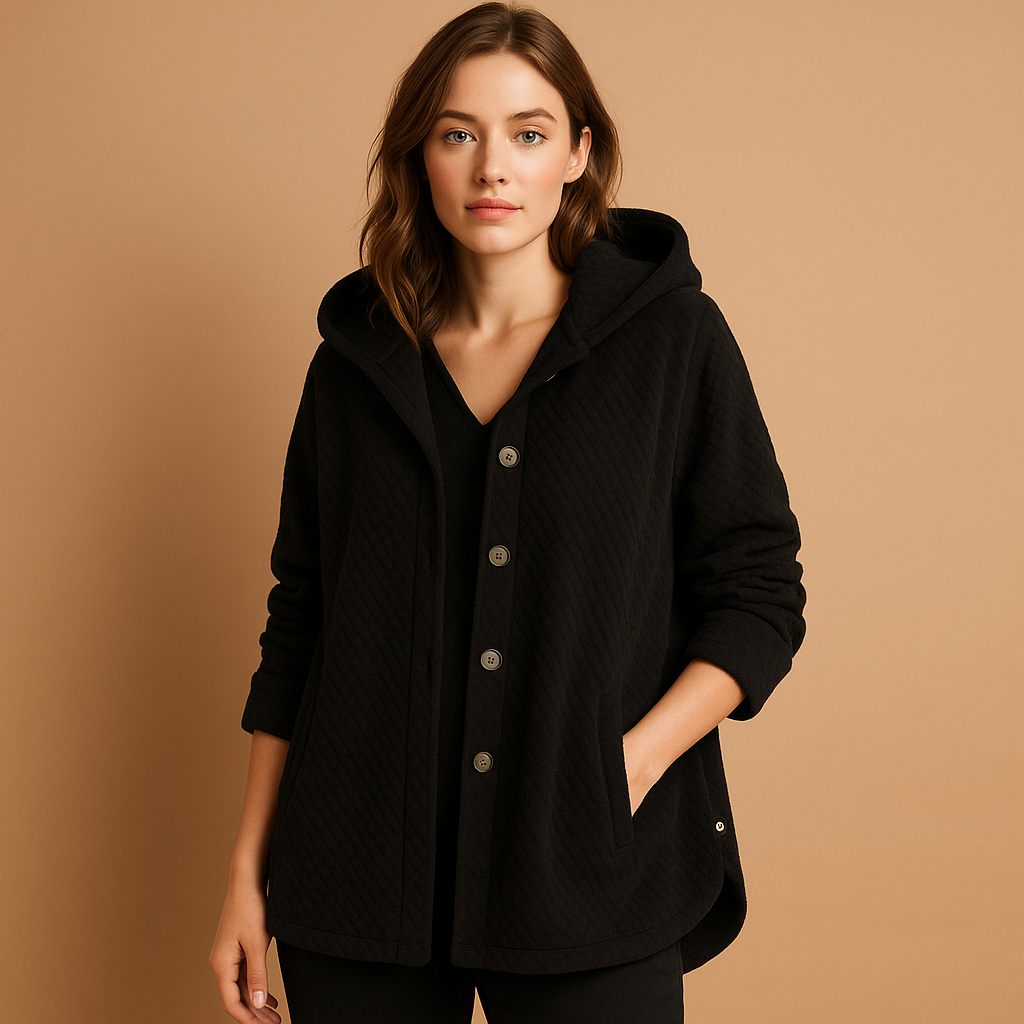 Women’s reversible fleece jacket with hood and ribbed sleeves, tailored yet relaxed fit, soft fabric, perfect for autumn and winter casual wear.