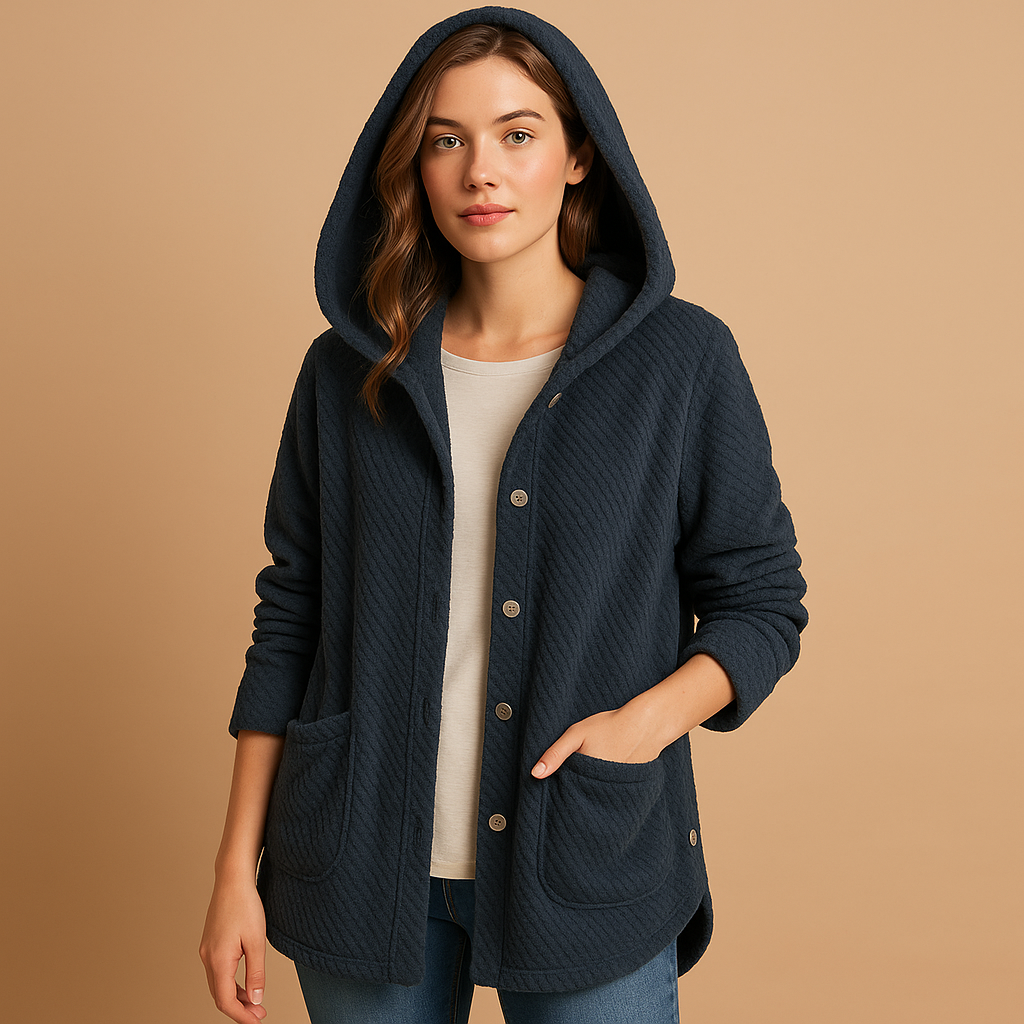 Women’s reversible fleece jacket with hood and ribbed sleeves, tailored yet relaxed fit, soft fabric, perfect for autumn and winter casual wear.