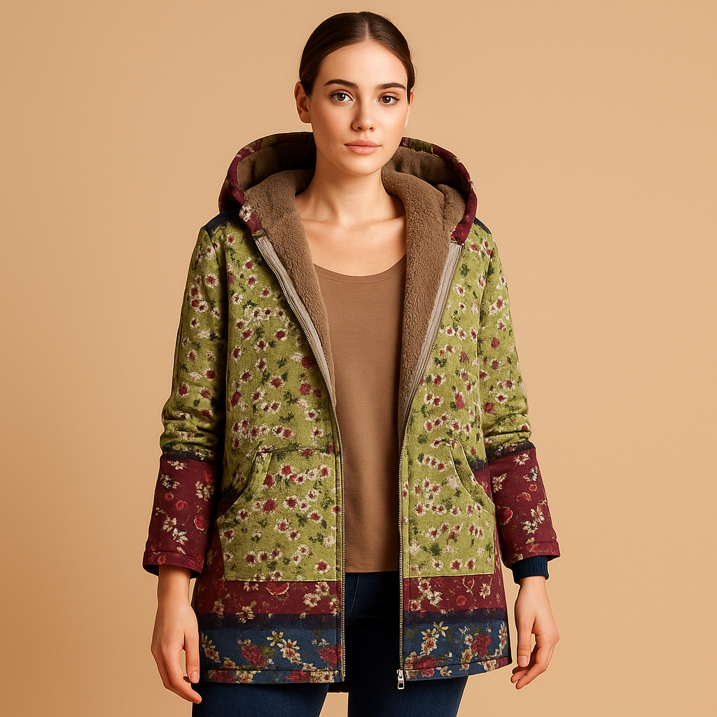 Reversible thermal jacket for women with hood and moisture-wicking fabric, perfect for cold days, daily wear, and outdoor activities.