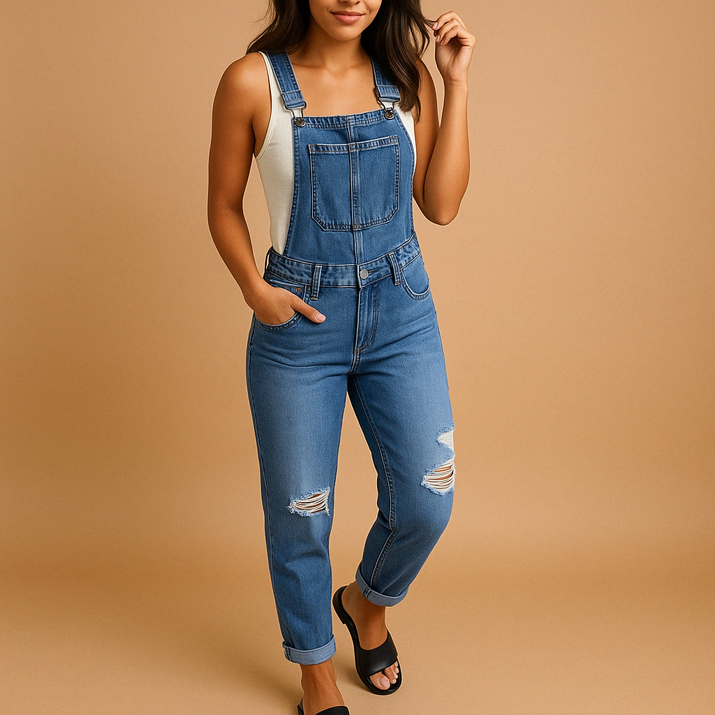 Ripped denim overall for women with adjustable straps and relaxed fit, ideal for casual streetwear and trendy everyday outfits.