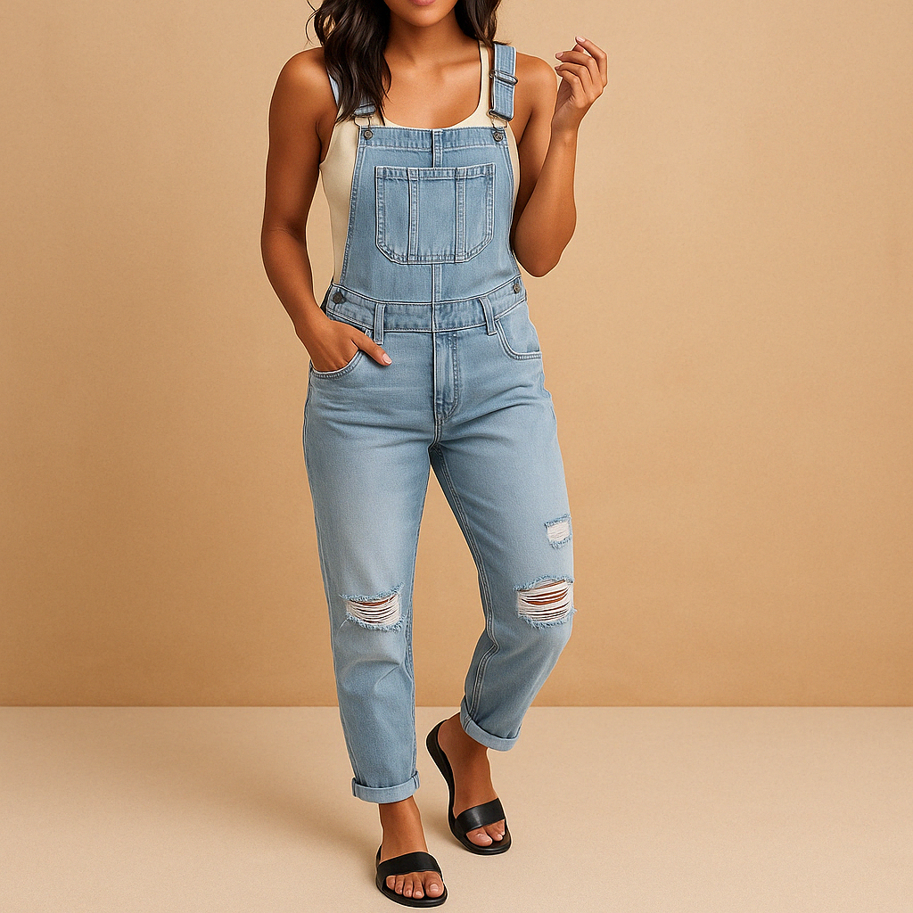 Ripped denim overall for women with adjustable straps and relaxed fit, ideal for casual streetwear and trendy everyday outfits.