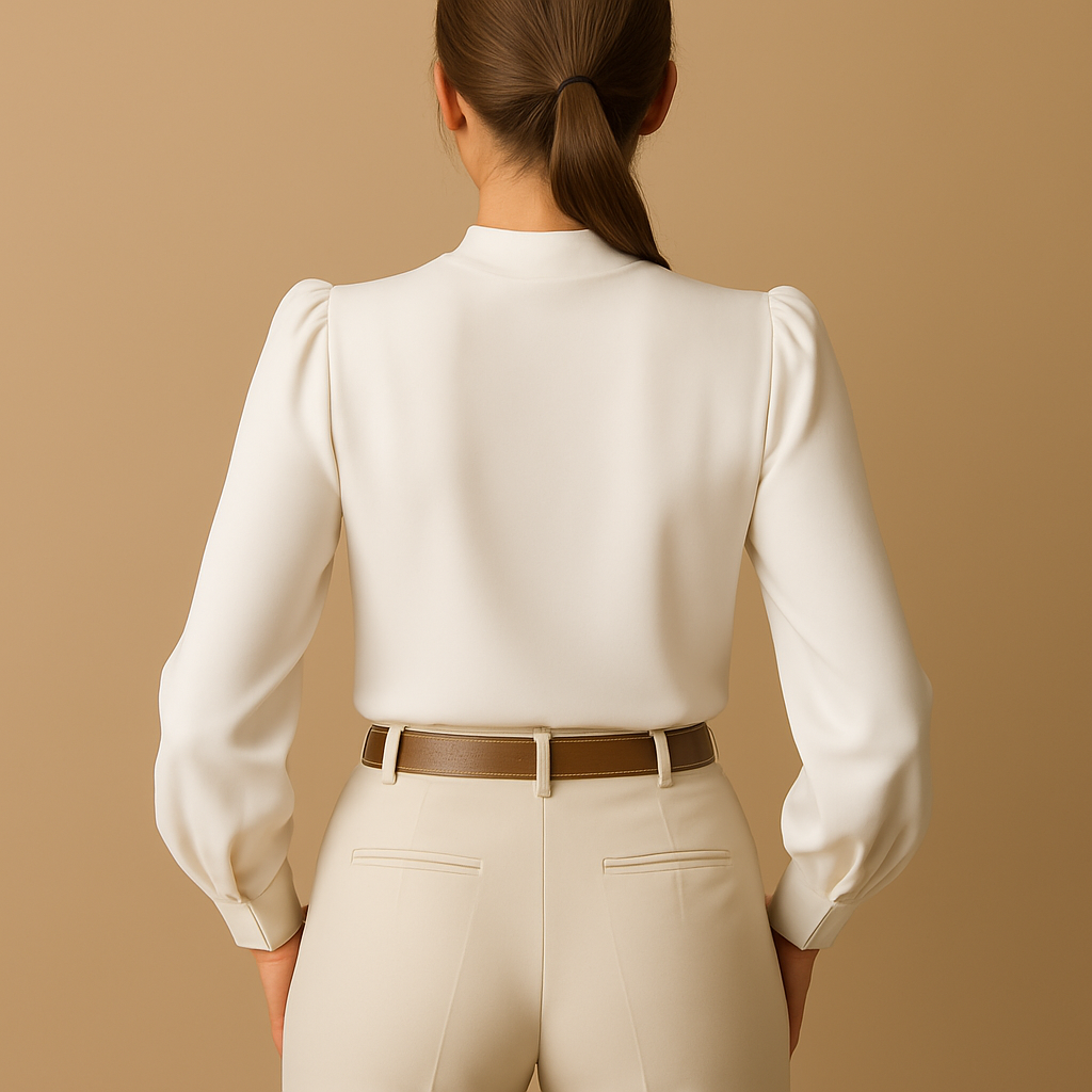 Elegant ruffled high-neck blouse for women with soft tones and flattering fit, perfect for work, casual wear, or evening events.