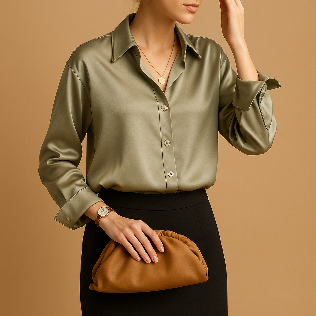 Elegant satin blouse for women with glossy finish, folded collar, and button closure, perfect for work, casual, or formal wear.