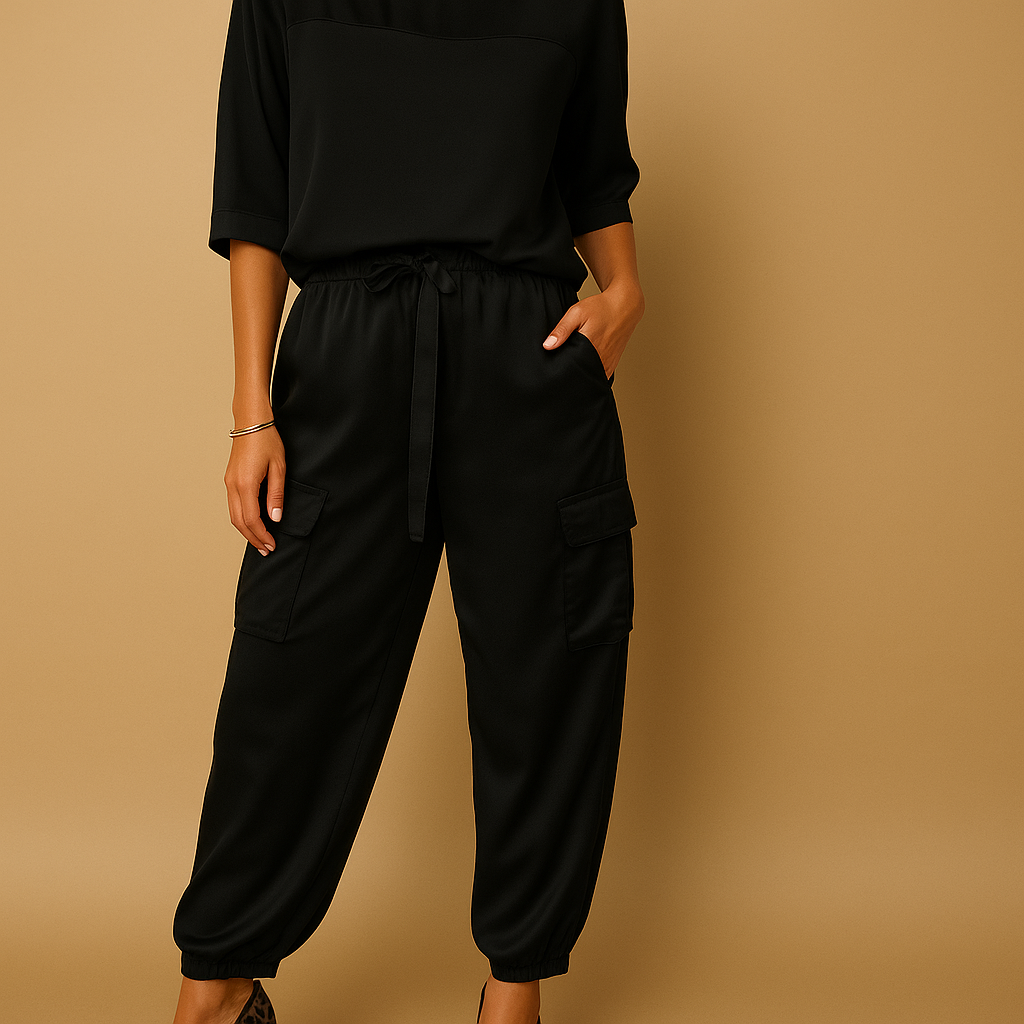 Elegant satin two-piece set for women with half-sleeve top and straight-leg pants, perfect for formal events or relaxed evenings.