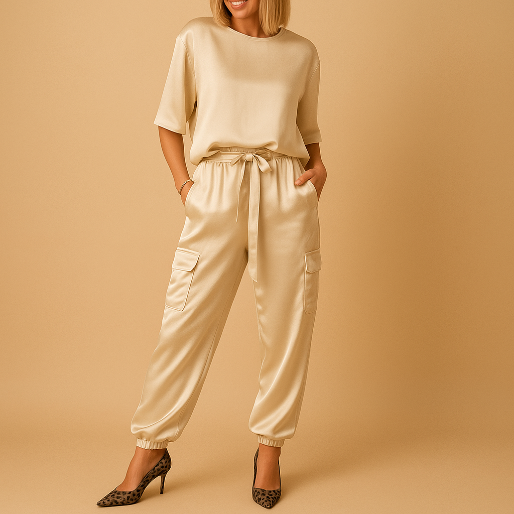 Elegant satin two-piece set for women with half-sleeve top and straight-leg pants, perfect for formal events or relaxed evenings.