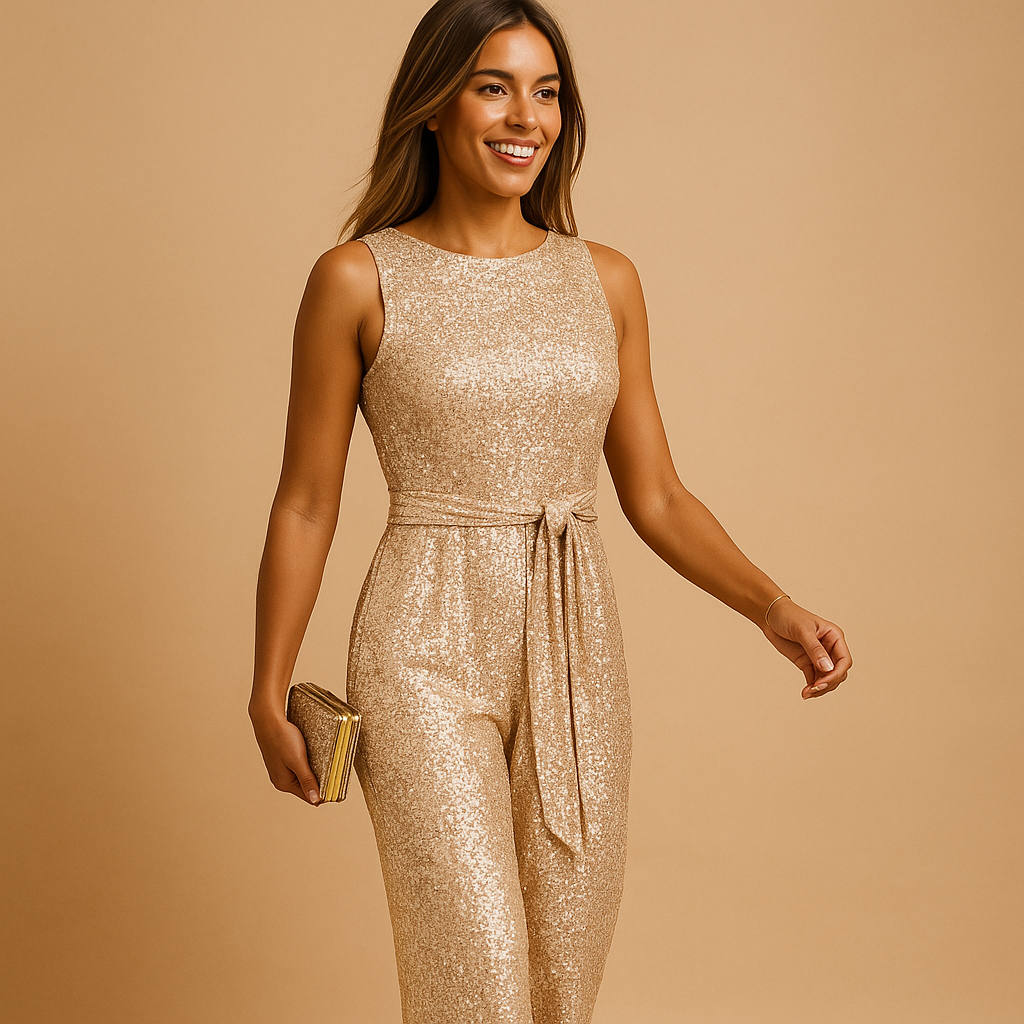 Sequin sleeveless jumpsuit for women with slim fit and round neckline, perfect for parties, galas, and elegant evening occasions.