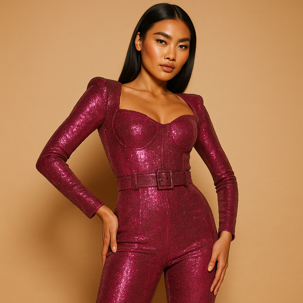 Shiny long-sleeve jumpsuit for women with slim fit and low neckline, perfect for galas, cocktail parties, and formal occasions.