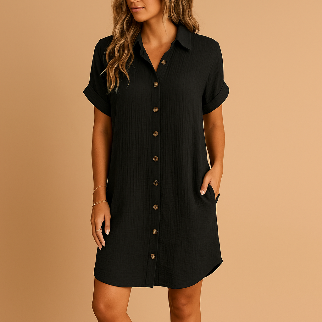 Shirt style midi summer dress for women with button-down front and relaxed fit, perfect for warm days, vacations, and casual outings.