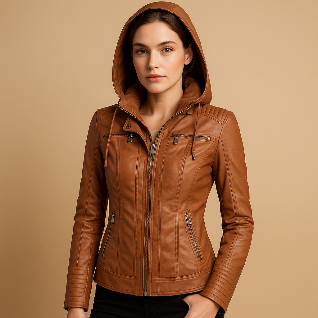 Women’s short jacket with detachable hood and modern zipper details, ideal for warm days, daily wear, and chic casual outfits.