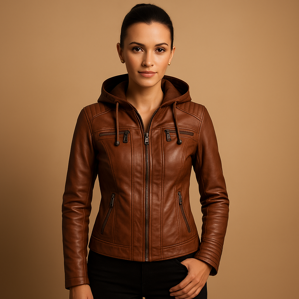 Women’s short jacket with detachable hood and modern zipper details, ideal for warm days, daily wear, and chic casual outfits.