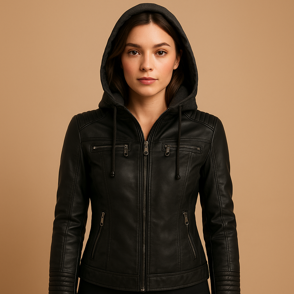Women’s short jacket with detachable hood and modern zipper details, ideal for warm days, daily wear, and chic casual outfits.