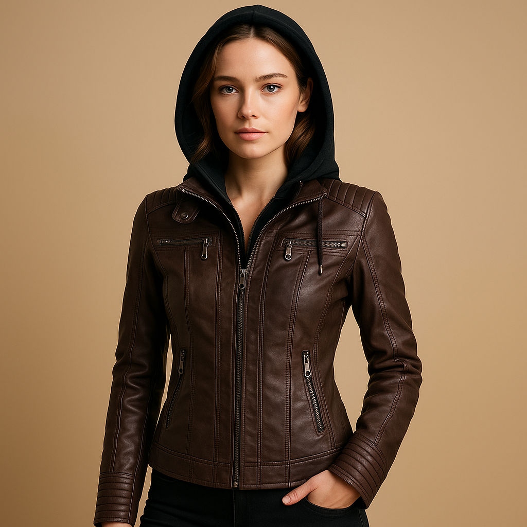 Women’s short jacket with detachable hood and modern zipper details, ideal for warm days, daily wear, and chic casual outfits.