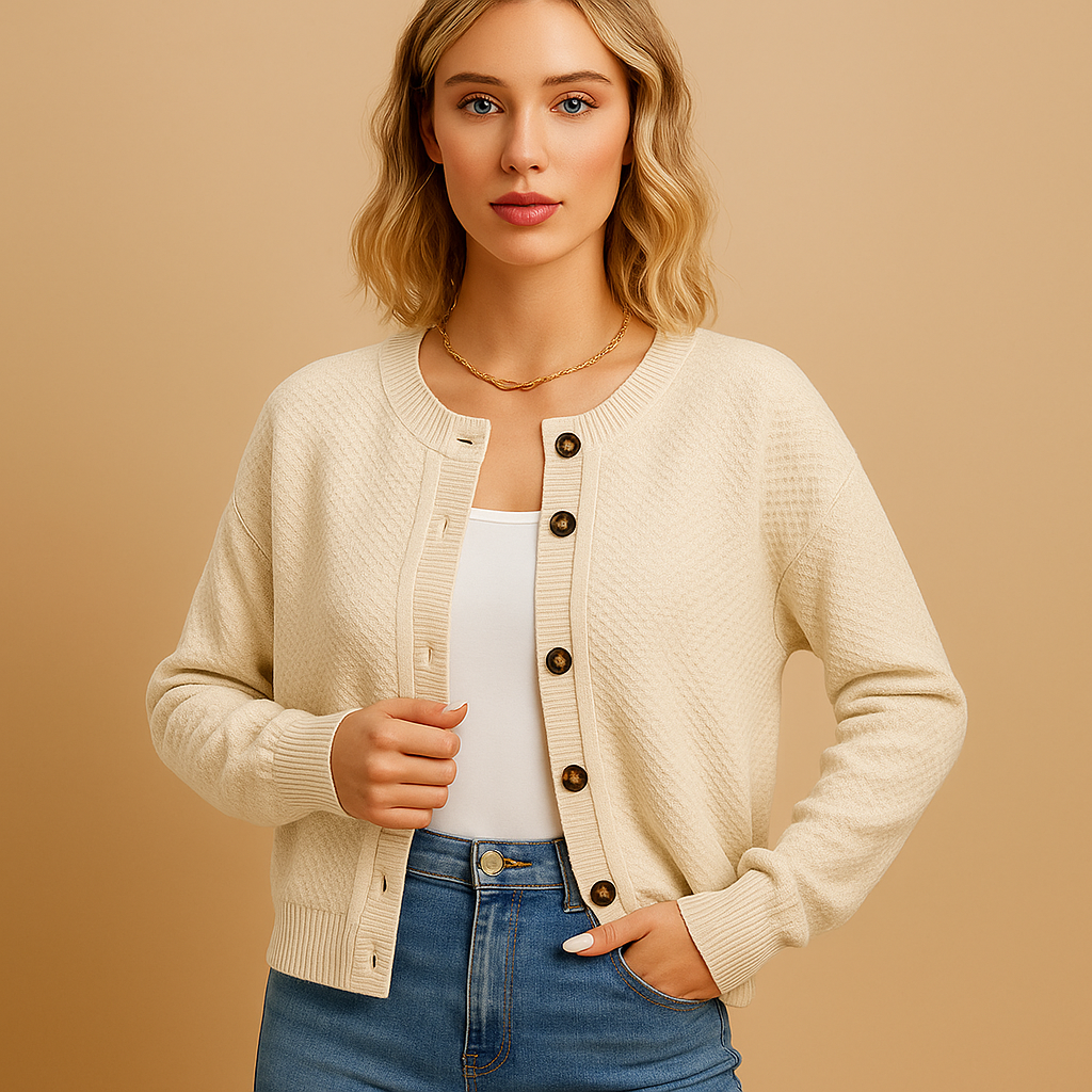 Short knit cardigan with buttons for women featuring a compact fit and soft knit fabric, perfect for layering with casual or office outfits.