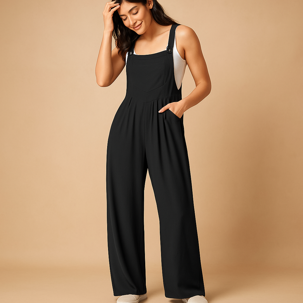 Sleeveless casual jumpsuit for women with gathered design and functional pockets, perfect for everyday comfort and effortless style.