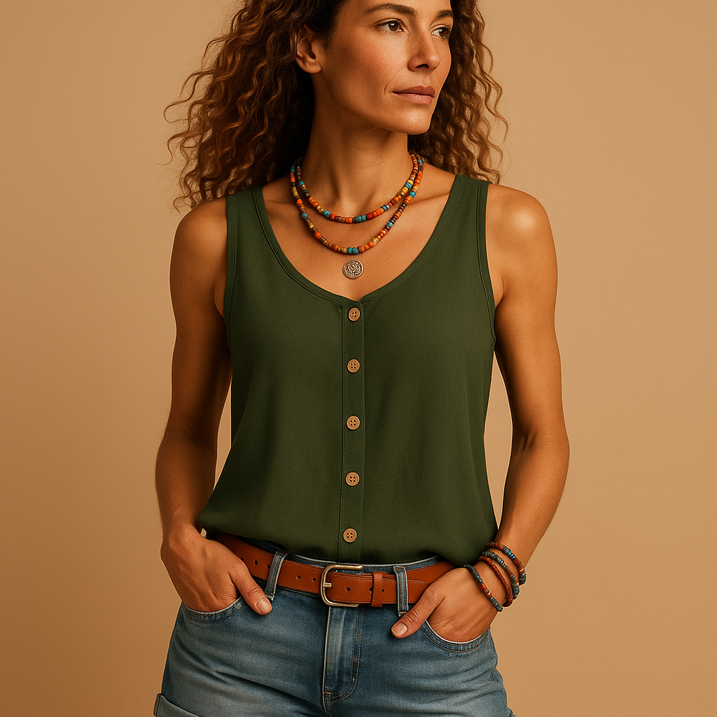Women’s sleeveless V-neck top in multiple colors, lightweight and casual, perfect for warm summer days and versatile outfits.