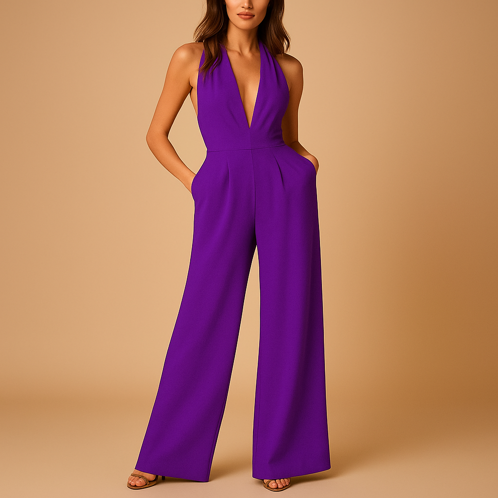 Sleeveless V-neck jumpsuit for women with a slim hip fit, wide legs, and backless design, perfect for parties and elegant occasions.