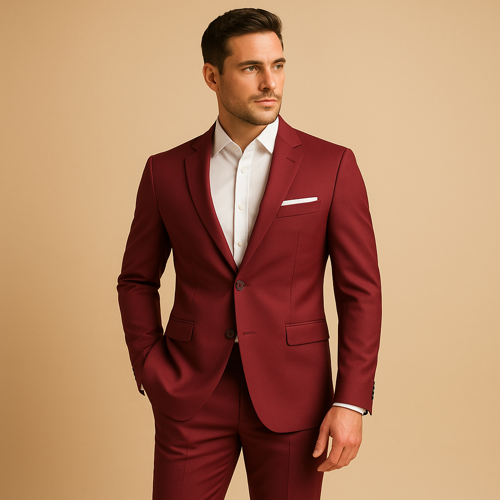 Elegant slim fit suit for men with blazer and trousers, perfect for weddings, business meetings, and formal occasions.