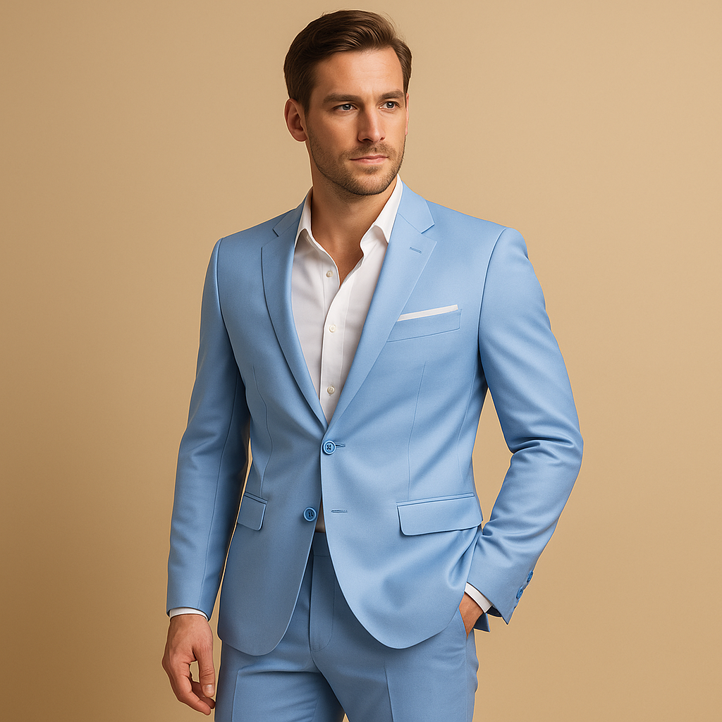 Elegant slim fit suit for men with blazer and trousers, perfect for weddings, business meetings, and formal occasions.