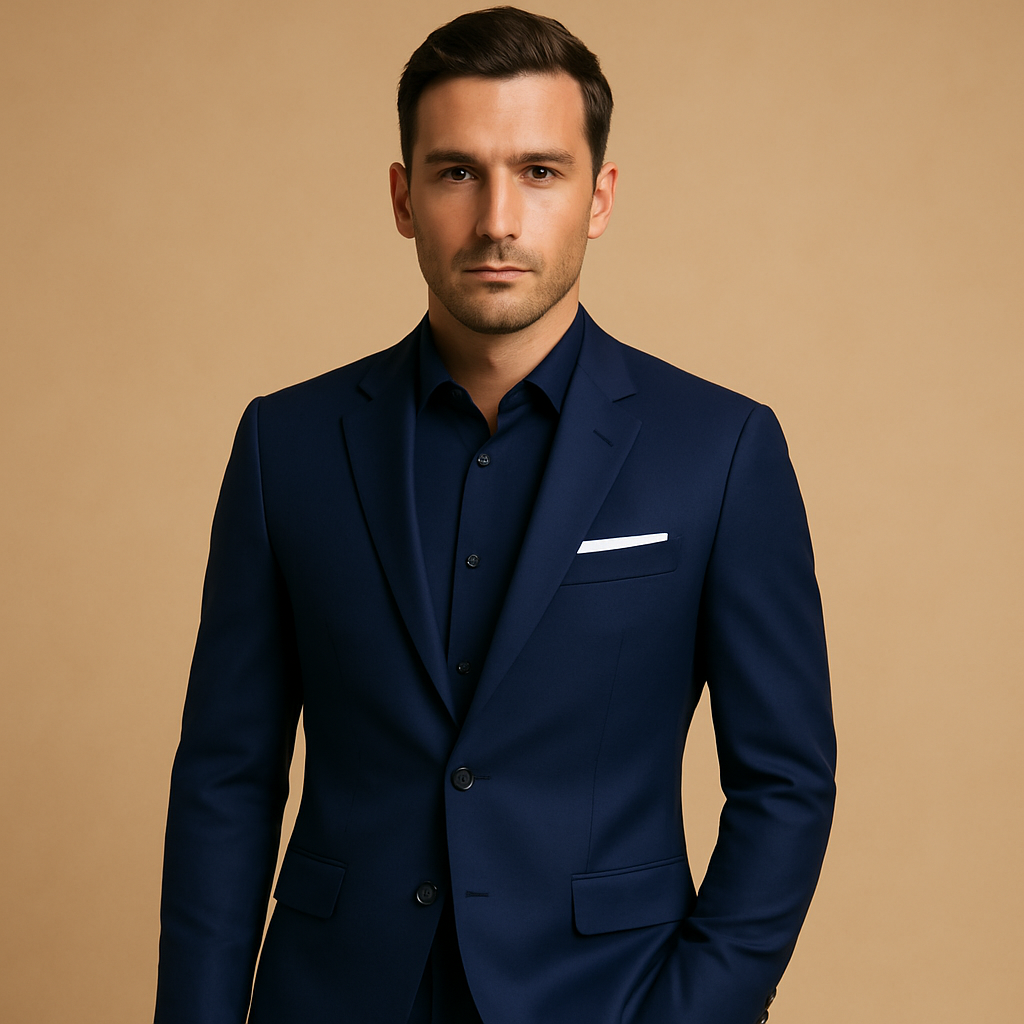 Elegant slim fit suit for men with blazer and trousers, perfect for weddings, business meetings, and formal occasions.