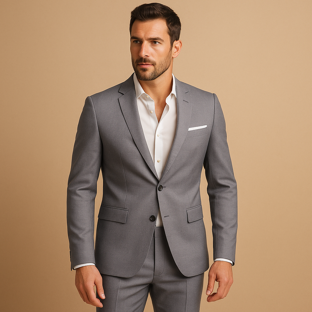 Elegant slim fit suit for men with blazer and trousers, perfect for weddings, business meetings, and formal occasions.
