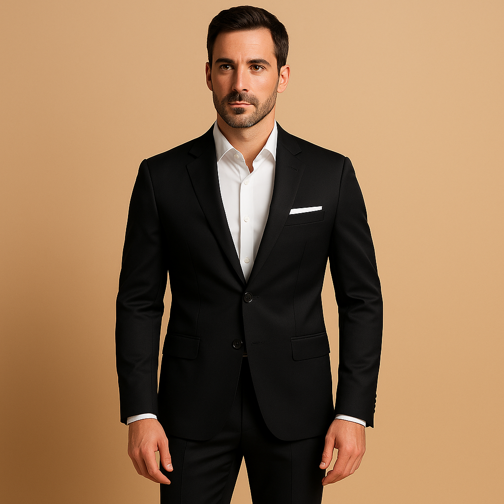 Elegant slim fit suit for men with blazer and trousers, perfect for weddings, business meetings, and formal occasions.