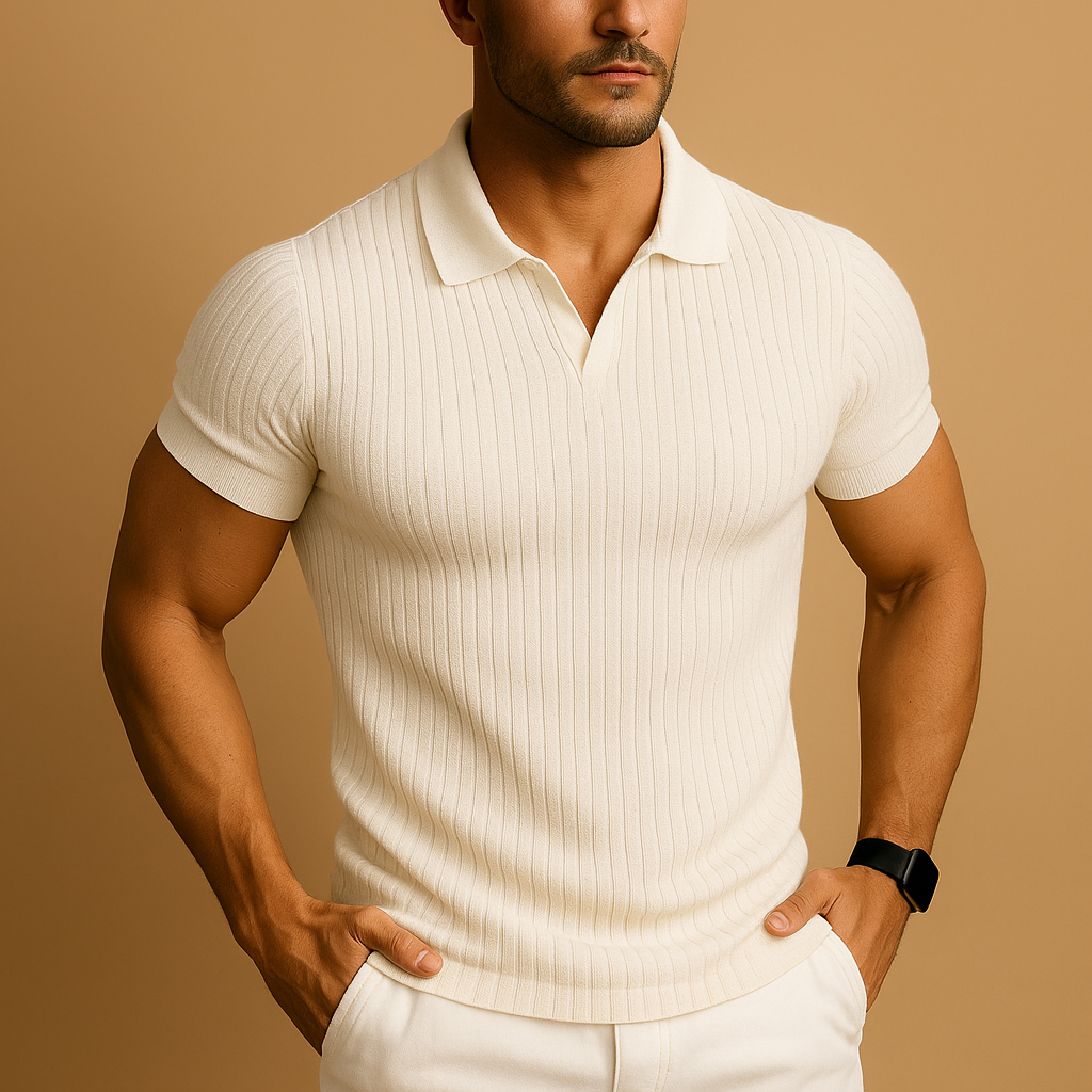 Men’s slim fit polo shirt with V-neck lapel collar, ribbed detail, and dropped shoulders. Stylish and breathable, ideal for casual or smart-casual wear.