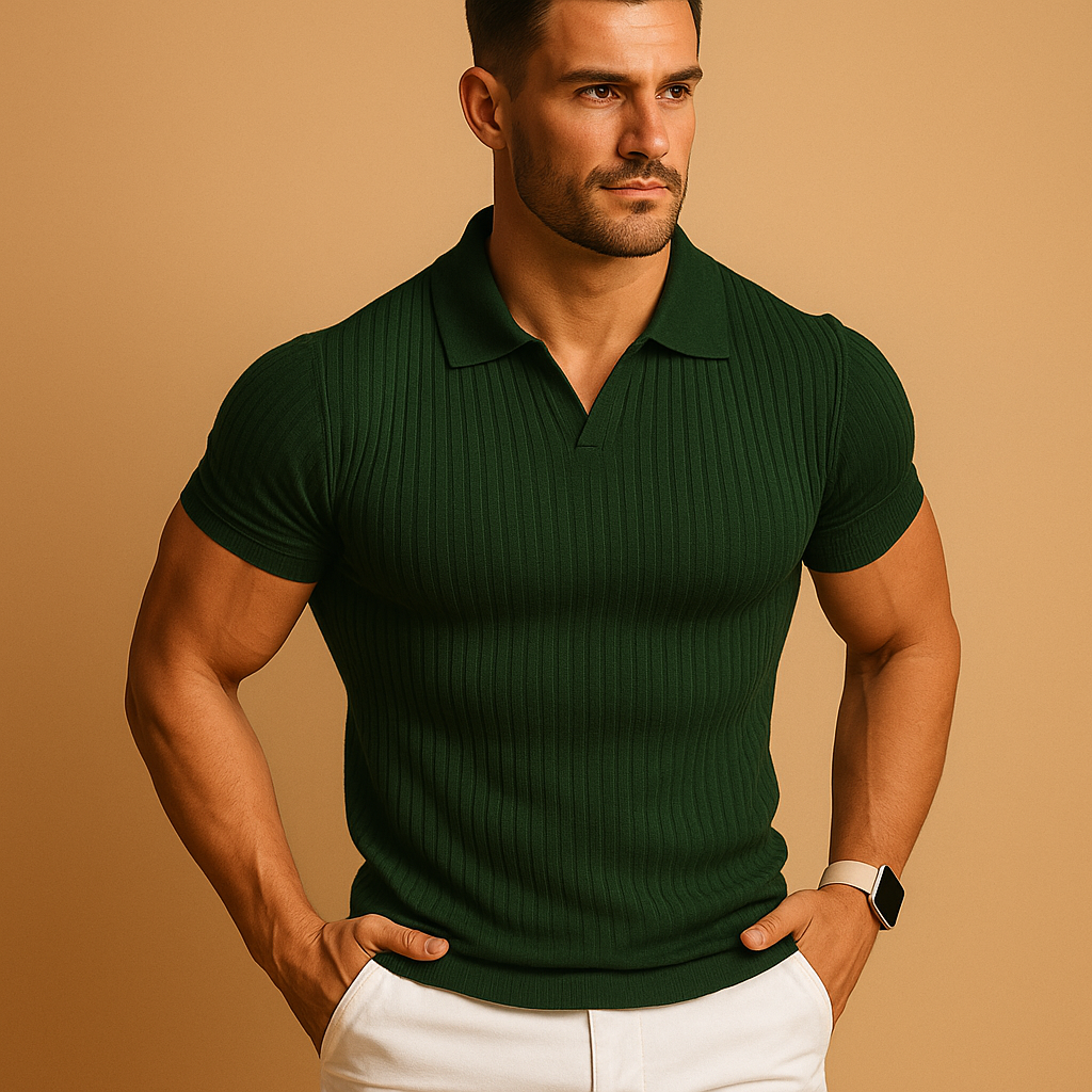 Men’s slim fit polo shirt with V-neck lapel collar, ribbed detail, and dropped shoulders. Stylish and breathable, ideal for casual or smart-casual wear.