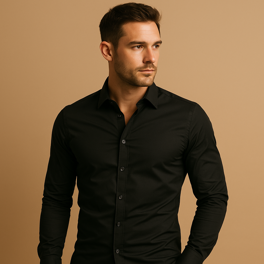 Men’s slim fit dress shirt in breathable cotton with classic turndown collar, perfect for office days and stylish casual outfits.