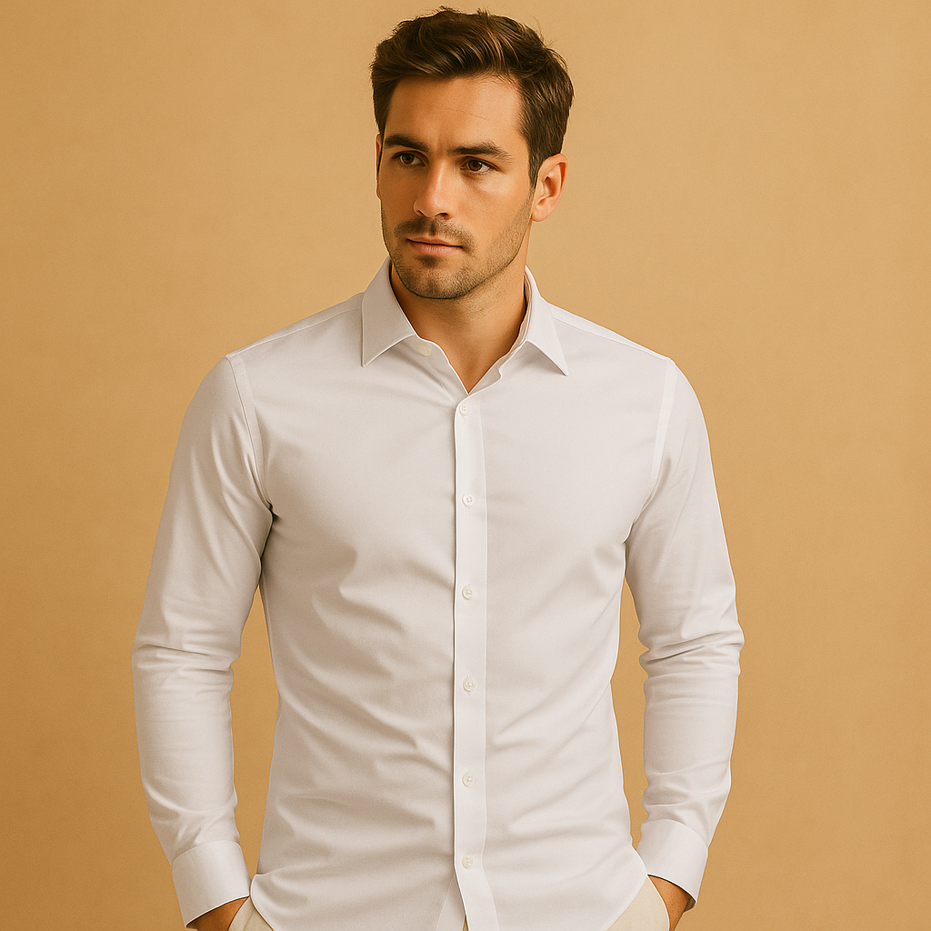Men’s slim fit dress shirt in breathable cotton with classic turndown collar, perfect for office days and stylish casual outfits.