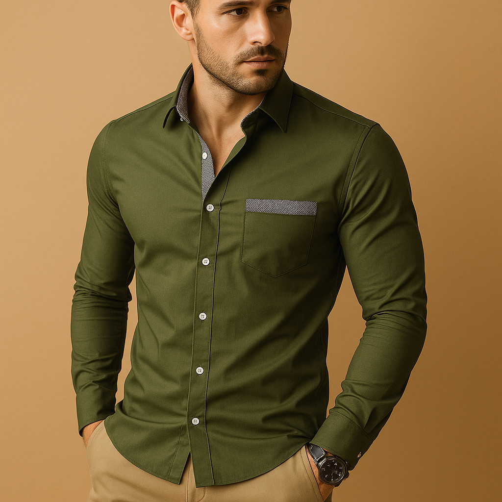 Slim fit long sleeve shirt for men with classic collar in coffee, black, green, champagne, grey, and red, perfect for work or casual outfits.