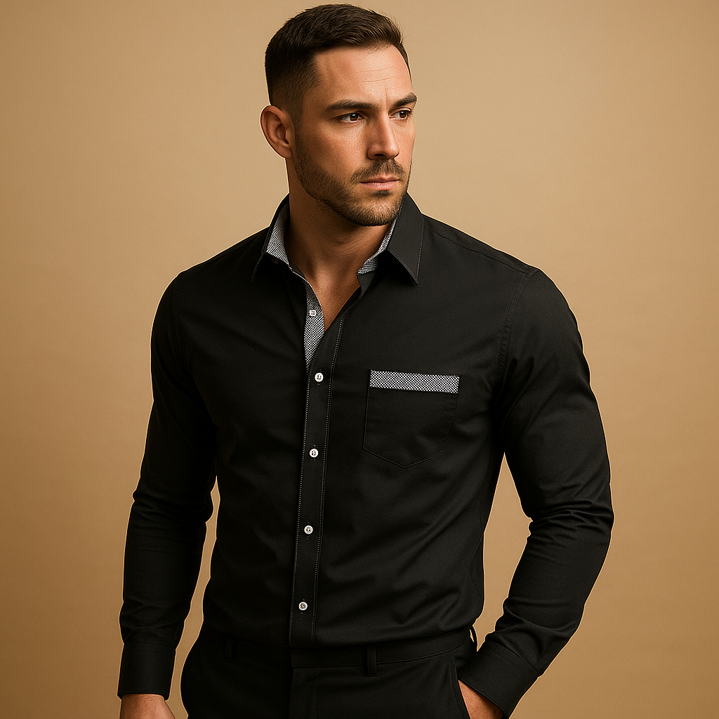 Slim fit long sleeve shirt for men with classic collar in coffee, black, green, champagne, grey, and red, perfect for work or casual outfits.