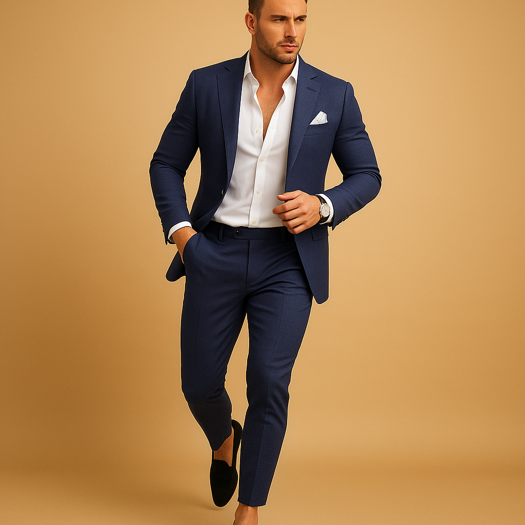 Elegant slim fit suit for men with blazer and trousers, perfect for weddings, business meetings, and formal occasions.