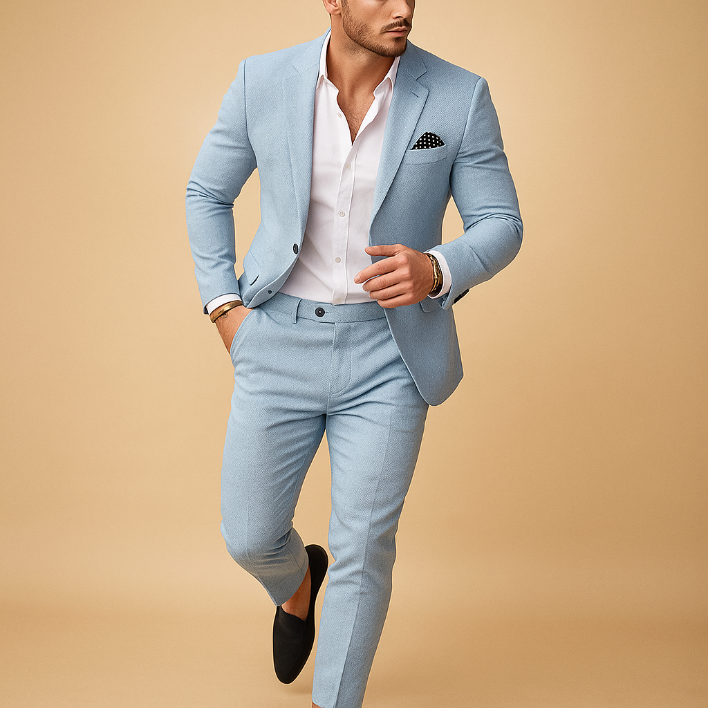 Elegant slim fit suit for men with blazer and trousers, perfect for weddings, business meetings, and formal occasions.