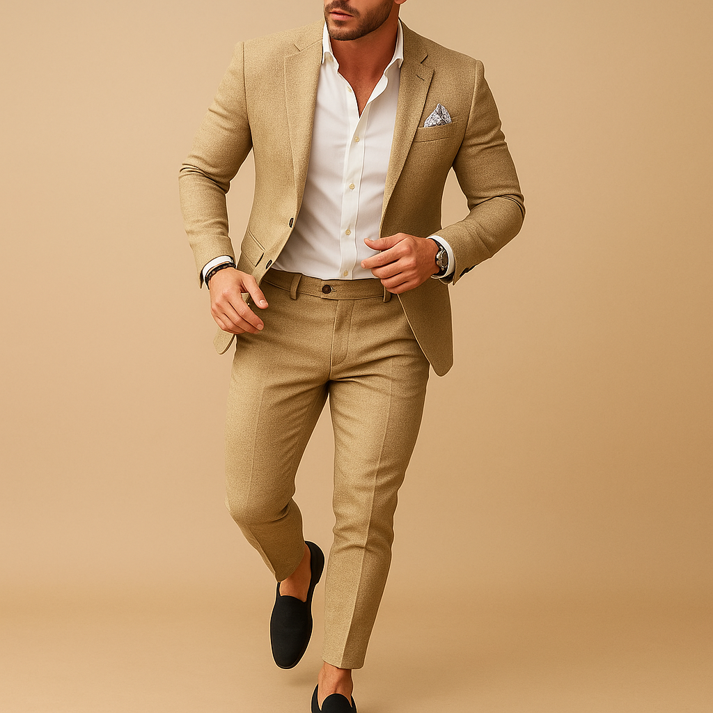 Elegant slim fit suit for men with blazer and trousers, perfect for weddings, business meetings, and formal occasions.