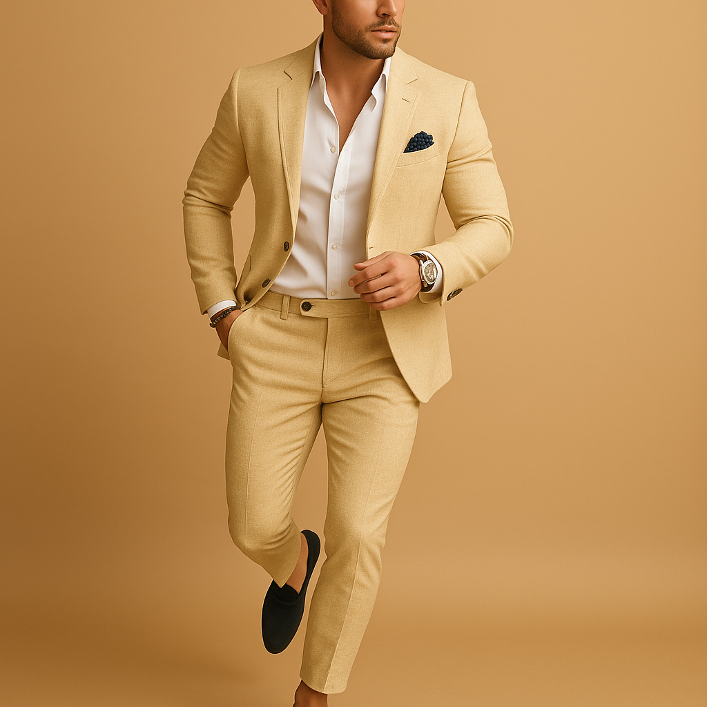 Elegant slim fit suit for men with blazer and trousers, perfect for weddings, business meetings, and formal occasions.