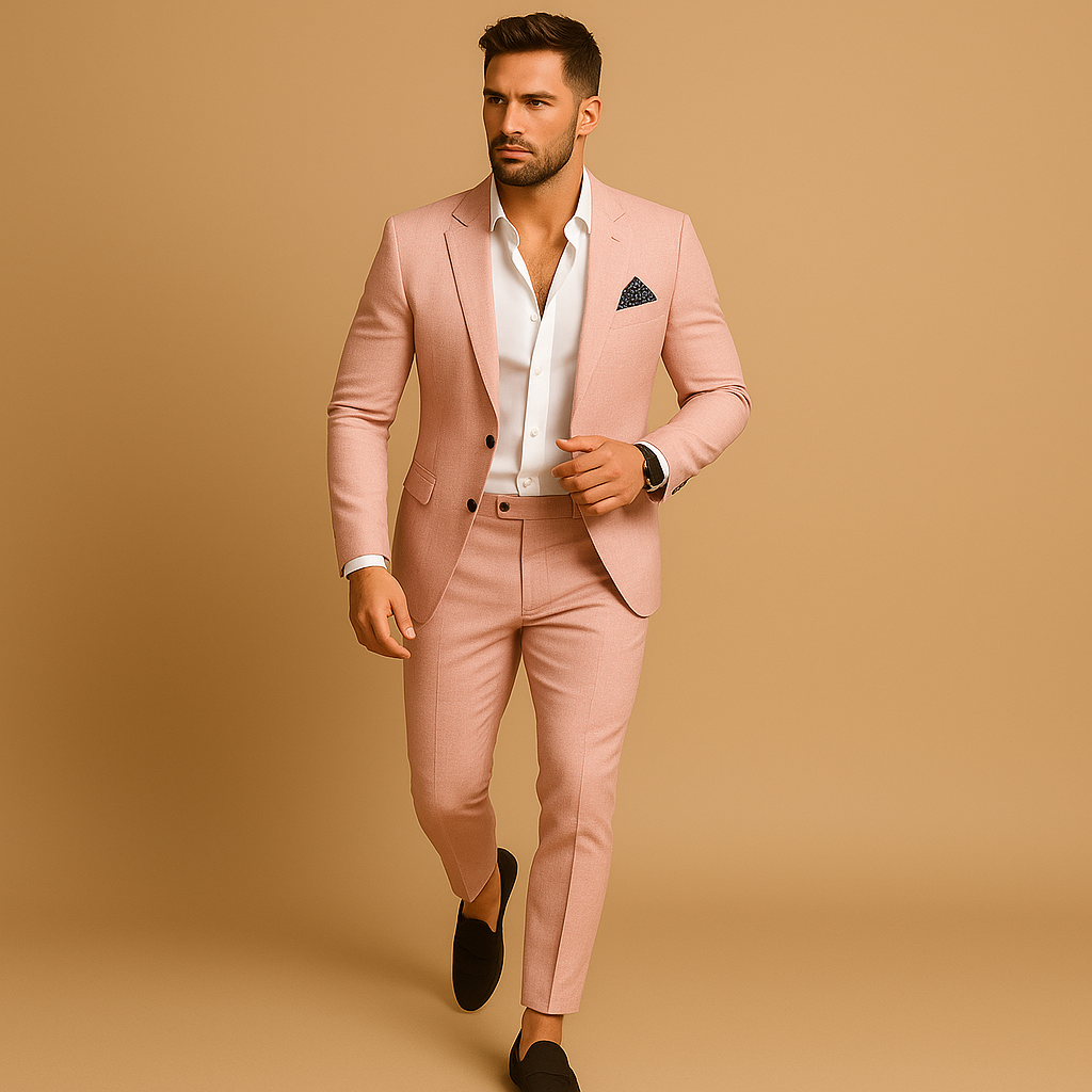 Elegant slim fit suit for men with blazer and trousers, perfect for weddings, business meetings, and formal occasions.