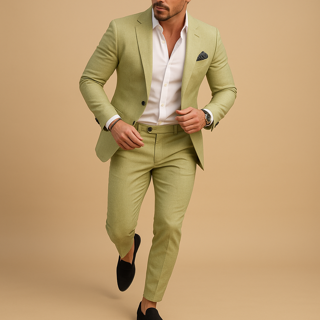 Elegant slim fit suit for men with blazer and trousers, perfect for weddings, business meetings, and formal occasions.