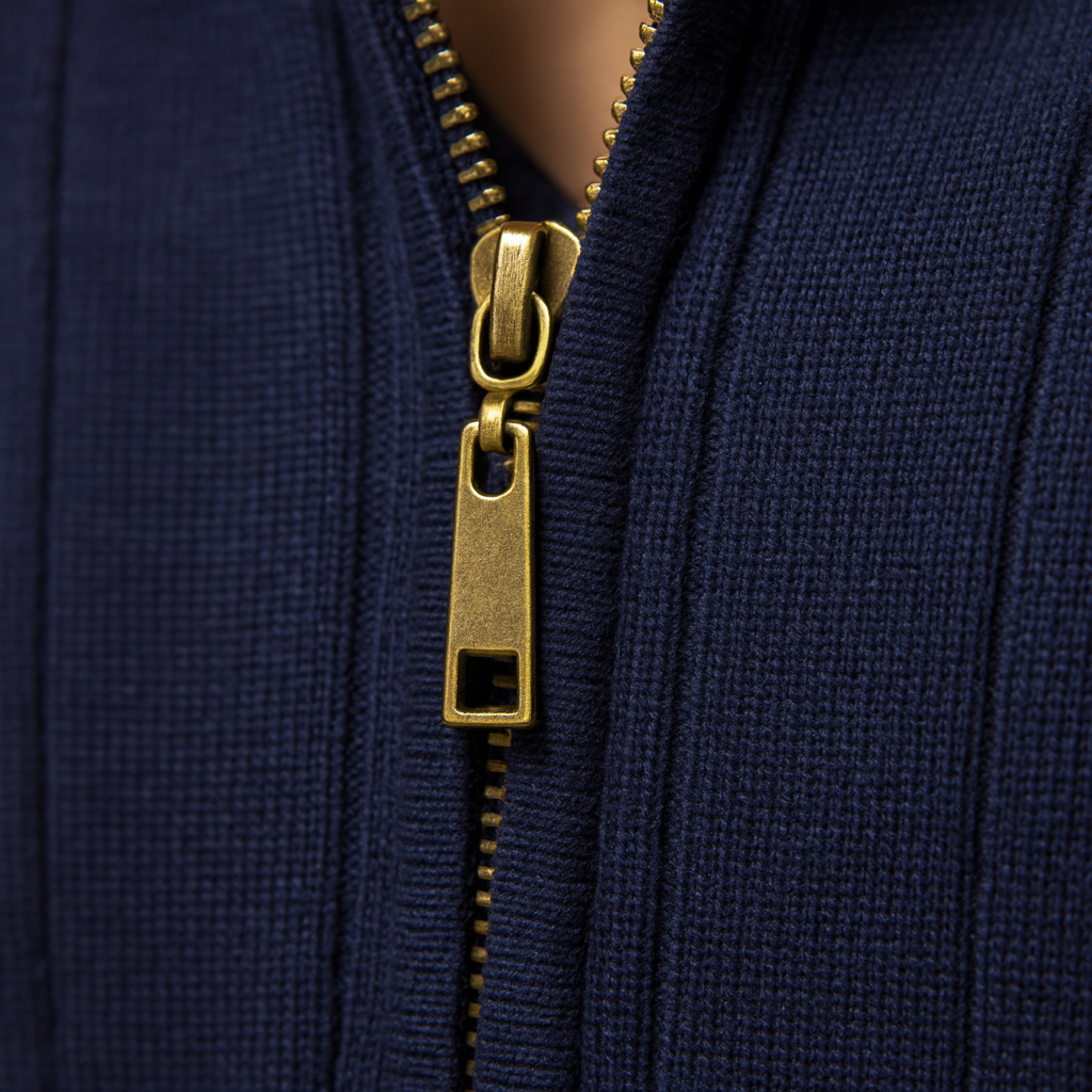 Men’s slim half-zip knitted sweater with a high collar, offering warmth and a modern look for casual and refined outfits.