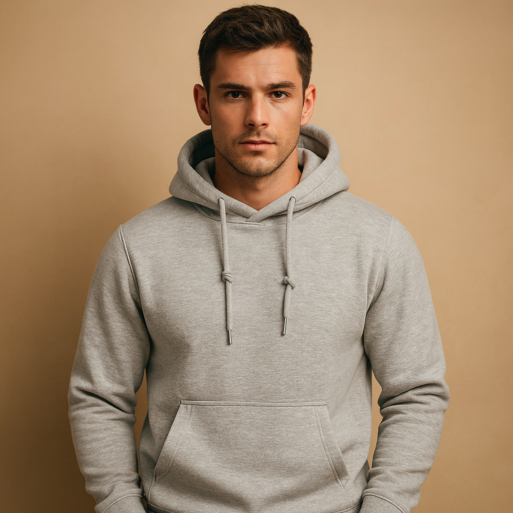 Men’s soft casual hoodie with drawstring hood and kangaroo pocket, ideal for everyday wear across all seasons.