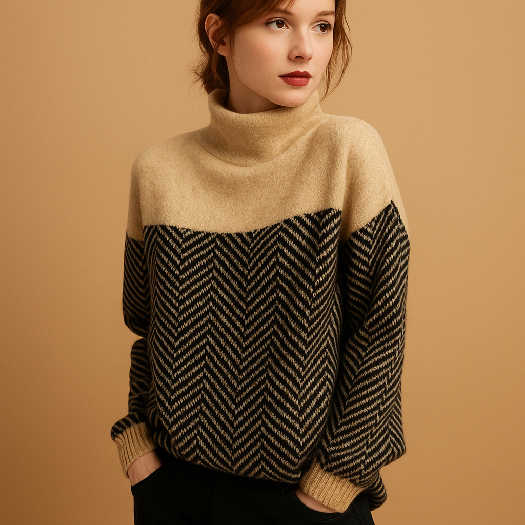 Women’s soft knit sweater with unique herringbone pattern, high neckline, and relaxed fit. Stylish and comfortable for casual, office, or evening wear.