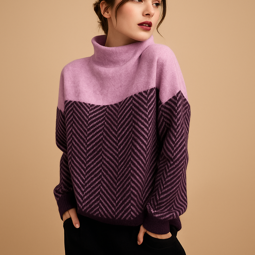 Women’s soft knit sweater with unique herringbone pattern, high neckline, and relaxed fit. Stylish and comfortable for casual, office, or evening wear.