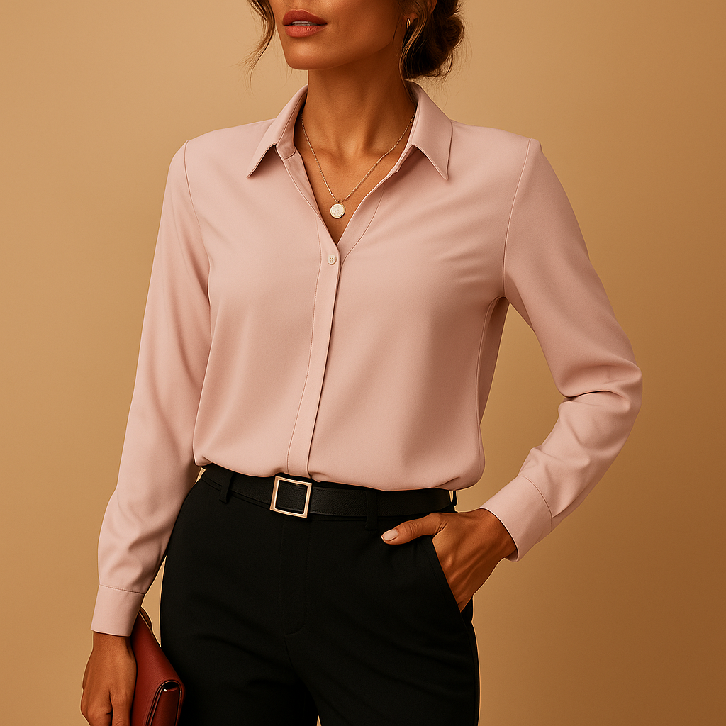 Elegant solid color blouse for women with a tailored fit, classic collar, and button closure, perfect for work or evening wear.